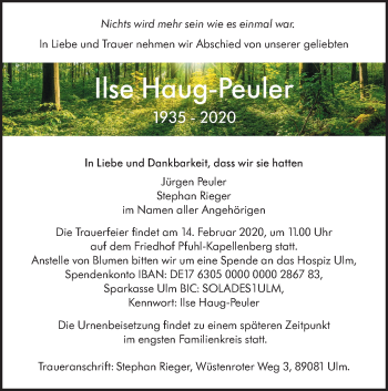 Traueranzeige von Ilse Haug-Peuler von SÜDWEST PRESSE Ausgabe Ulm/Neu-Ulm