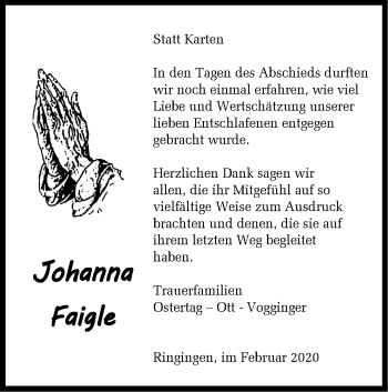 Traueranzeige von Johanna Faigle von Hohenzollerische Zeitung