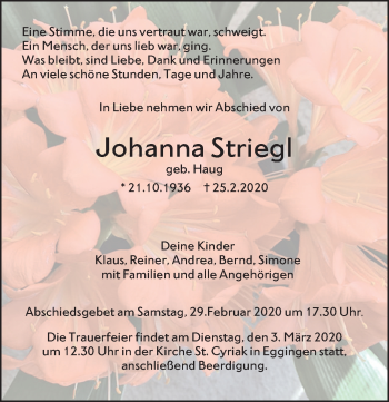 Traueranzeige von Johanna Striegl von SÜDWEST PRESSE Ausgabe Ulm/Neu-Ulm