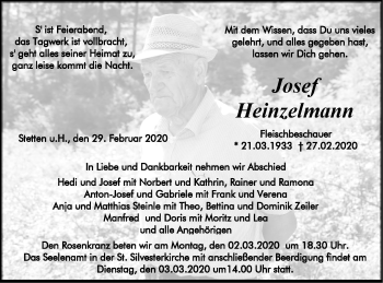 Traueranzeige von Josef Heinzelmann von Hohenzollerische Zeitung