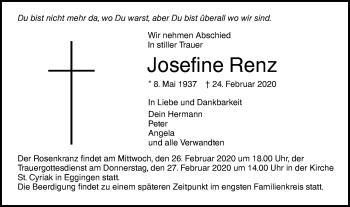 Traueranzeige von Josefine Renz von SÜDWEST PRESSE Ausgabe Ulm/Neu-Ulm