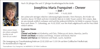 Traueranzeige von Josephina Maria Franquinet Deneer von Hohenloher Tagblatt