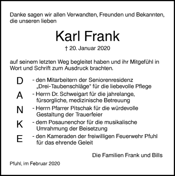 Traueranzeige von Karl Frank von SÜDWEST PRESSE Ausgabe Ulm/Neu-Ulm