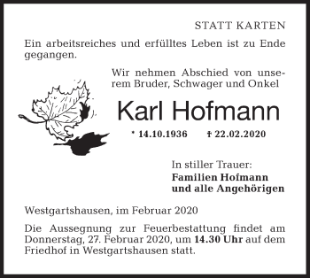 Traueranzeige von Karl Hofmann von Hohenloher Tagblatt