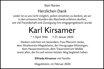 Traueranzeige von Karl Kirsamer von Alb-Bote/Metzinger-Uracher Volksblatt