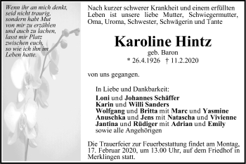 Traueranzeige von Karoline Hintz von SÜDWEST PRESSE Ausgabe Ulm/Neu-Ulm