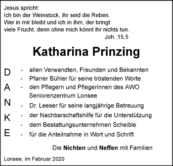 Traueranzeige von Katharina Prinzing von SÜDWEST PRESSE Ausgabe Ulm/Neu-Ulm