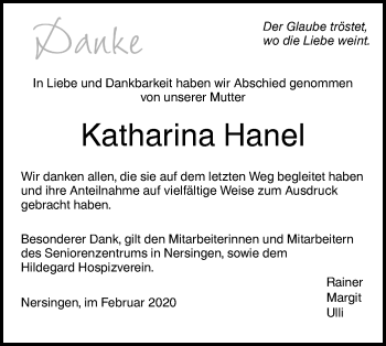 Traueranzeige von Katharine Hanel von SÜDWEST PRESSE Ausgabe Ulm/Neu-Ulm