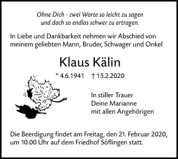 Traueranzeige von Klaus Kälin von SÜDWEST PRESSE Ausgabe Ulm/Neu-Ulm