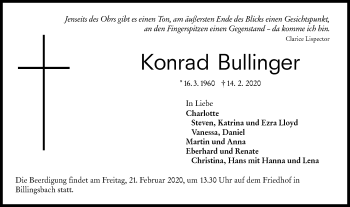 Traueranzeige von Konrad Bullinger von Hohenloher Tagblatt