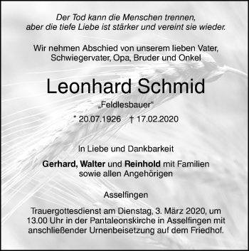 Traueranzeige von Leonhard Schmid von SÜDWEST PRESSE Ausgabe Ulm/Neu-Ulm