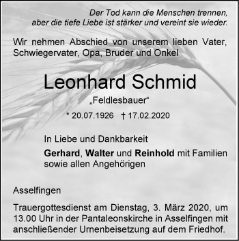 Traueranzeige von Leonhard Schmid von SÜDWEST PRESSE Ausgabe Ulm/Neu-Ulm