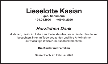 Traueranzeige von Lieselotte Kasian von Haller Tagblatt