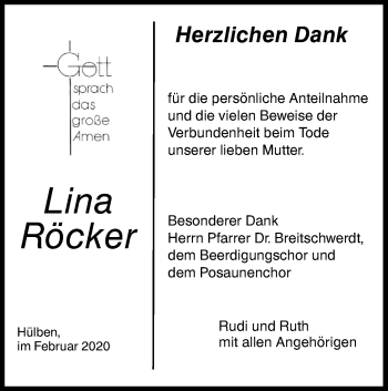 Traueranzeige von Lina Röcker von Metzinger-Uracher Volksblatt