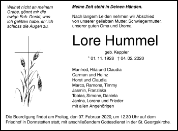 Traueranzeige von Lore Hummel von Alb-Bote/Metzinger-Uracher Volksblatt