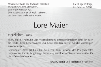 Traueranzeige von Lore Maier von Geislinger Zeitung