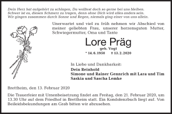 Traueranzeige von Lore Präg von Hohenloher Tagblatt