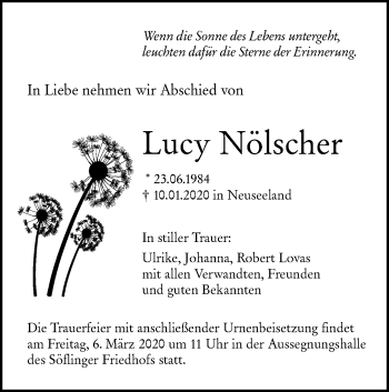 Traueranzeige von Lucy Nölscher von SÜDWEST PRESSE Ausgabe Ulm/Neu-Ulm