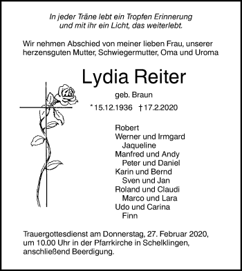 Traueranzeige von Lydia Reiter von Ehinger Tagblatt