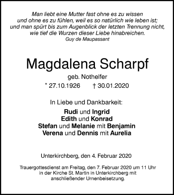 Traueranzeige von Magdalena Scharpf von SÜDWEST PRESSE Ausgabe Ulm/Neu-Ulm