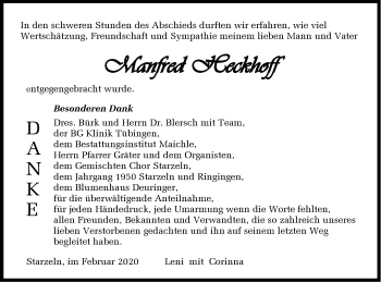 Traueranzeige von Manfred Heckhoff von Hohenzollerische Zeitung