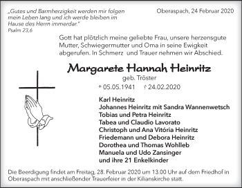 Traueranzeige von Margarete Hannah Heinritz von Haller Tagblatt