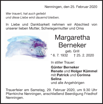 Traueranzeige von Margaretha Berneker von NWZ Neue Württembergische Zeitung