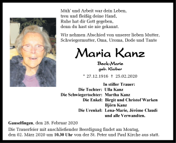 Traueranzeige von Maria Kanz von Hohenzollerische Zeitung