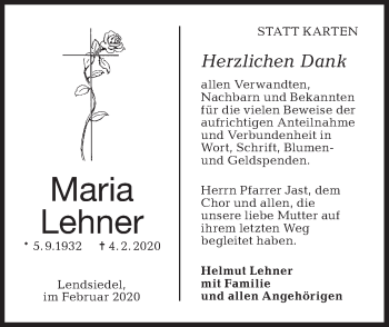 Traueranzeige von Maria Lehner von Hohenloher Tagblatt