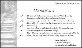 Traueranzeige von Maria Maile von Rundschau Gaildorf