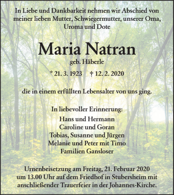 Traueranzeige von Maria Natran von Geislinger Zeitung