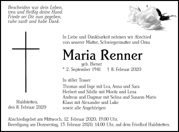 Traueranzeige von Maria Renner von Alb-Bote/Metzinger-Uracher Volksblatt