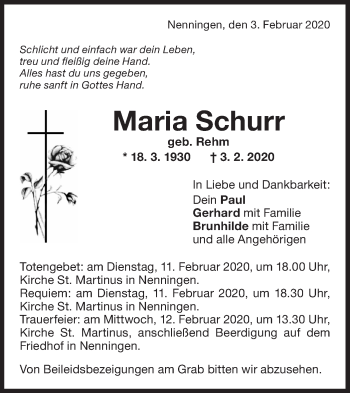 Traueranzeige von Maria Schurr von NWZ Neue Württembergische Zeitung