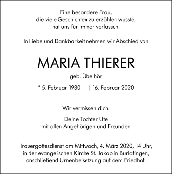 Traueranzeige von Maria Thierer von SÜDWEST PRESSE Ausgabe Ulm/Neu-Ulm