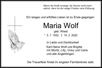 Traueranzeige von Maria Wolf von Hohenzollerische Zeitung