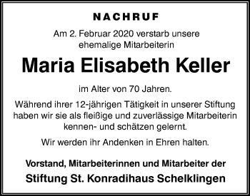 Traueranzeige von Maria Elisabeth Keller von Ehinger Tagblatt