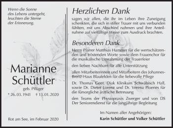 Traueranzeige von Marianne Schüttler von Hohenloher Tagblatt