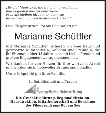 Traueranzeige von Marianne Schüttler von Hohenloher Tagblatt