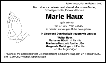 Traueranzeige von Marie Haux von NWZ Neue Württembergische Zeitung