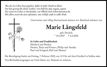 Traueranzeige von Marie Längsfeld von SÜDWEST PRESSE Ausgabe Ulm/Neu-Ulm