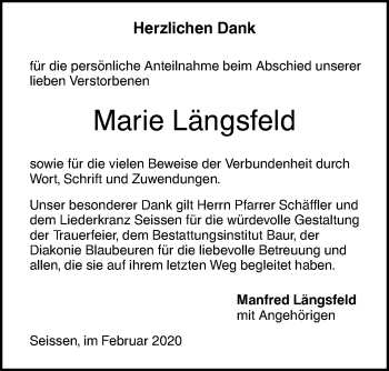 Traueranzeige von Marie Längsfeld von SÜDWEST PRESSE