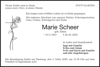 Traueranzeige von Marie Scheer von Hohenloher Tagblatt