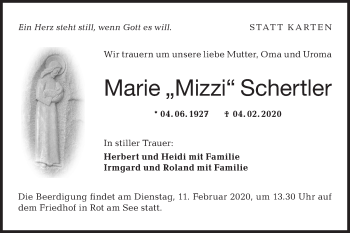 Traueranzeige von Marie  Schertler von Hohenloher Tagblatt