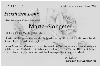 Traueranzeige von Marta Köngeter von Rundschau Gaildorf