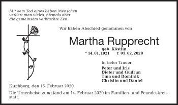 Traueranzeige von Martha Rupprecht von Hohenloher Tagblatt