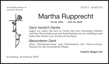 Traueranzeige von Martha Rupprecht von Hohenloher Tagblatt