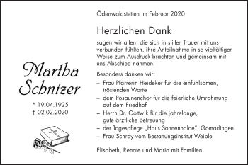 Traueranzeige von Martha Schnizer von Alb-Bote/Metzinger-Uracher Volksblatt