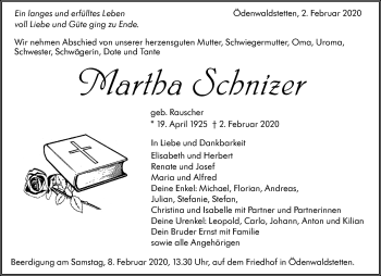 Traueranzeige von Martha Schnizer von Alb-Bote/Metzinger-Uracher Volksblatt