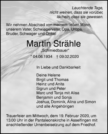 Traueranzeige von Martin Strähle von SÜDWEST PRESSE Ausgabe Ulm/Neu-Ulm