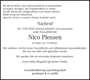 Traueranzeige von Nico Plessen von Hohenloher Tagblatt